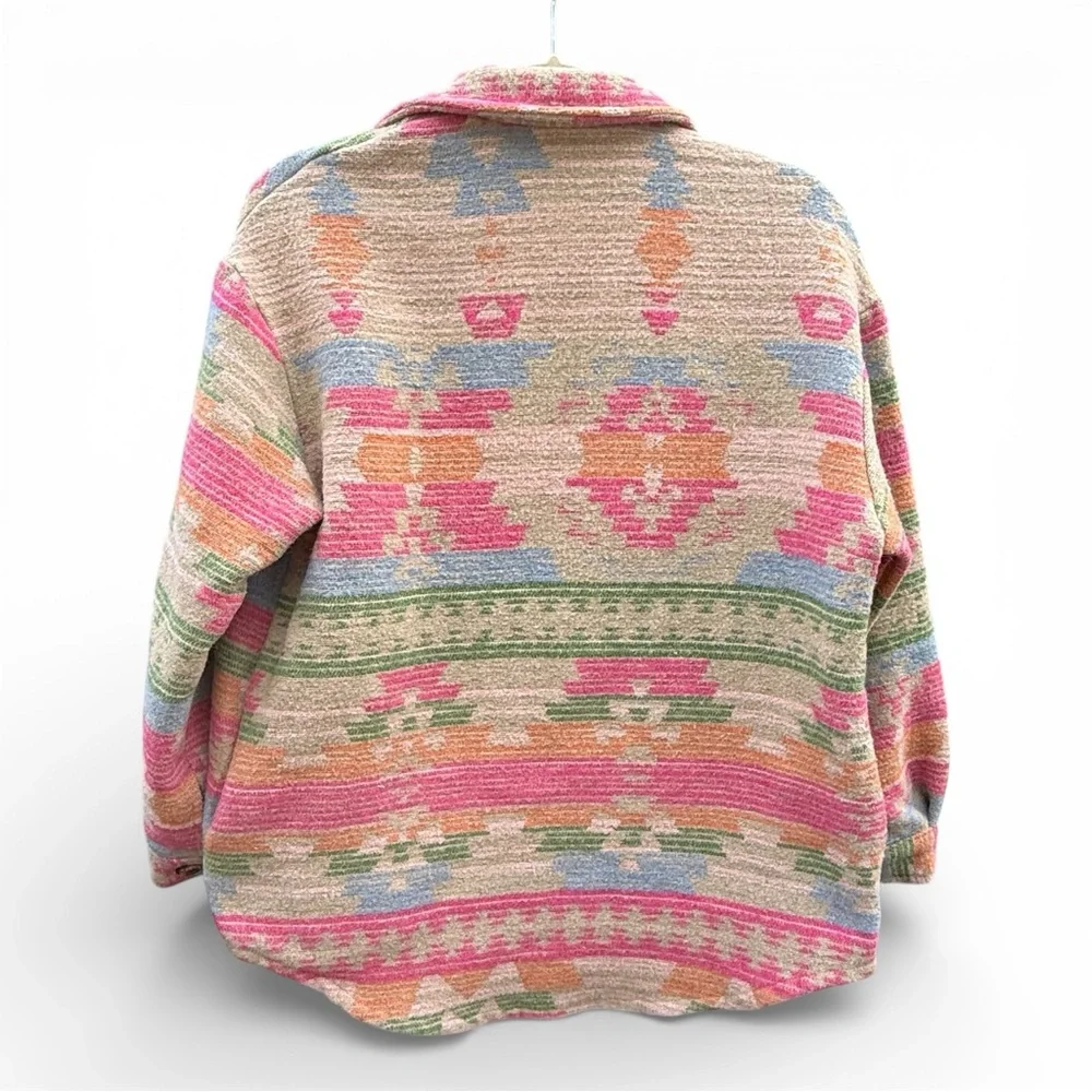 Pink Western Aztec Southwestern Button Flap Pocket Collared Shacket Small